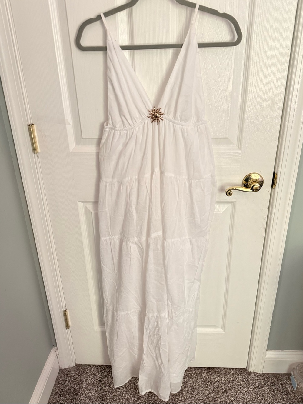 White V-Neck Maxi Dress with Sun Brooch Detail